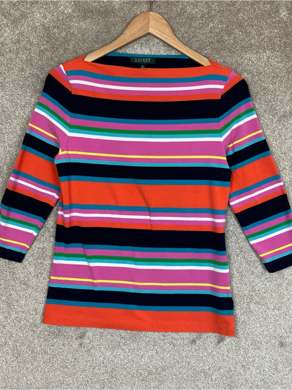 Lauren Ralph Lauren Shirt Womens Medium Stripe Cotton Blend Boat Neck- 5205